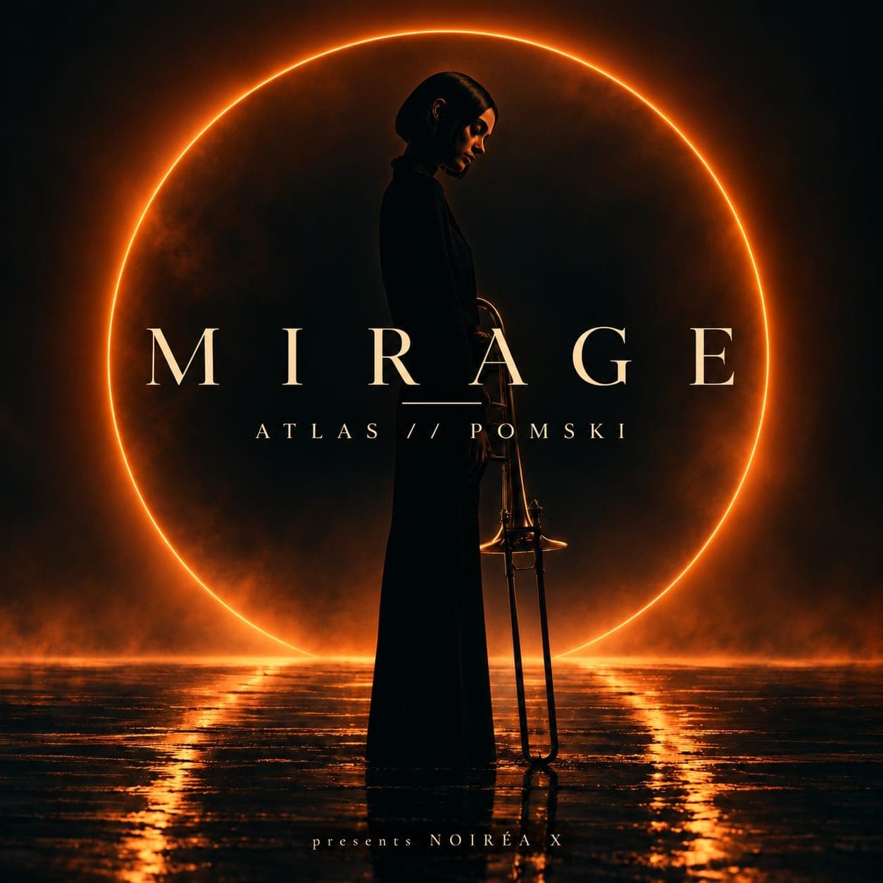MIRAGE cover artwork: a silhouetted figure in a long black dress holds a trombone, framed by a glowing orange ring above a wet, reflective floor. Cream serif lettering reads MIRAGE and ATLASPOMSKI, with “presents NOIRÉA X” at the foot.