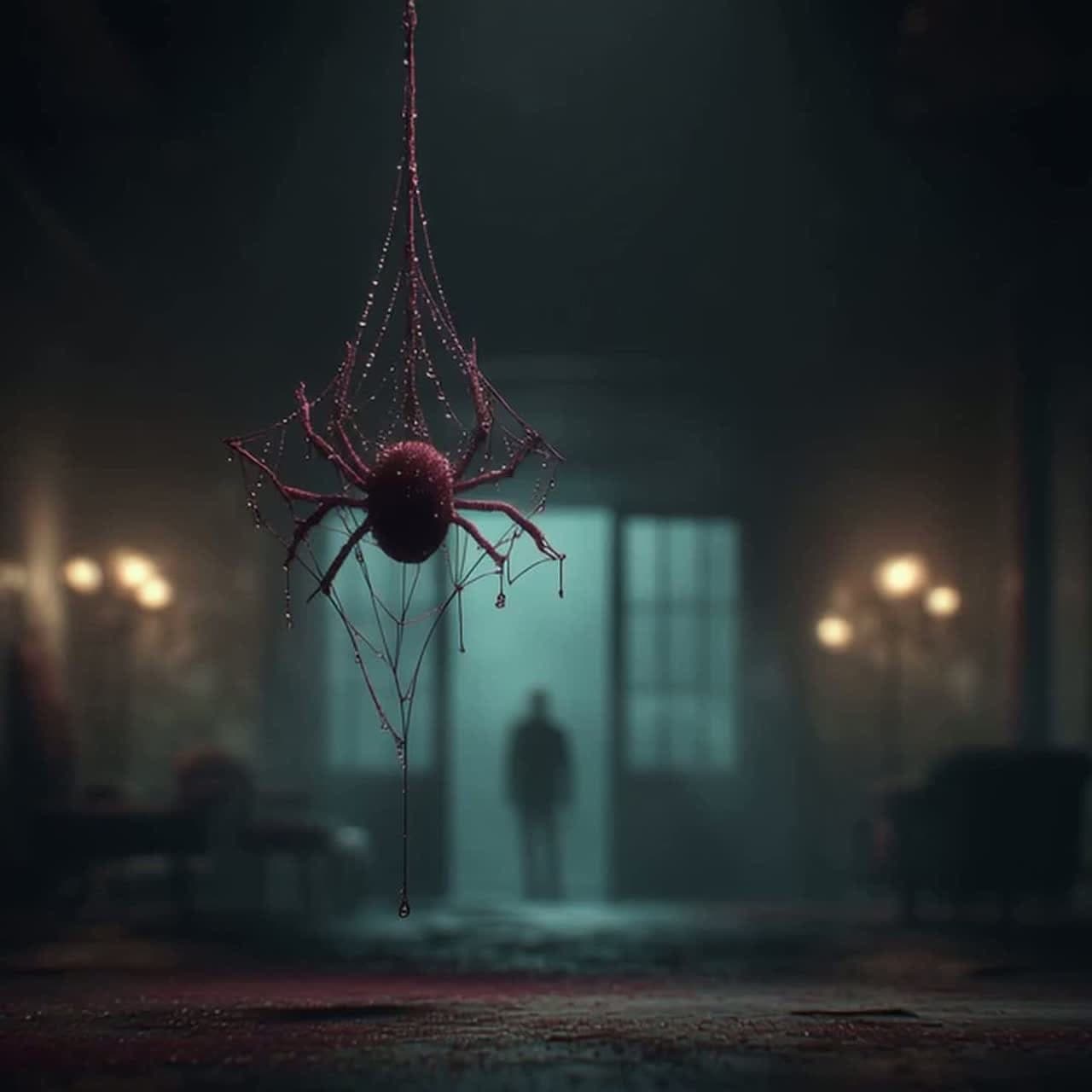 The Velvet Web track artwork from Velvet Lies: a crimson spider and web in a teal hallway.