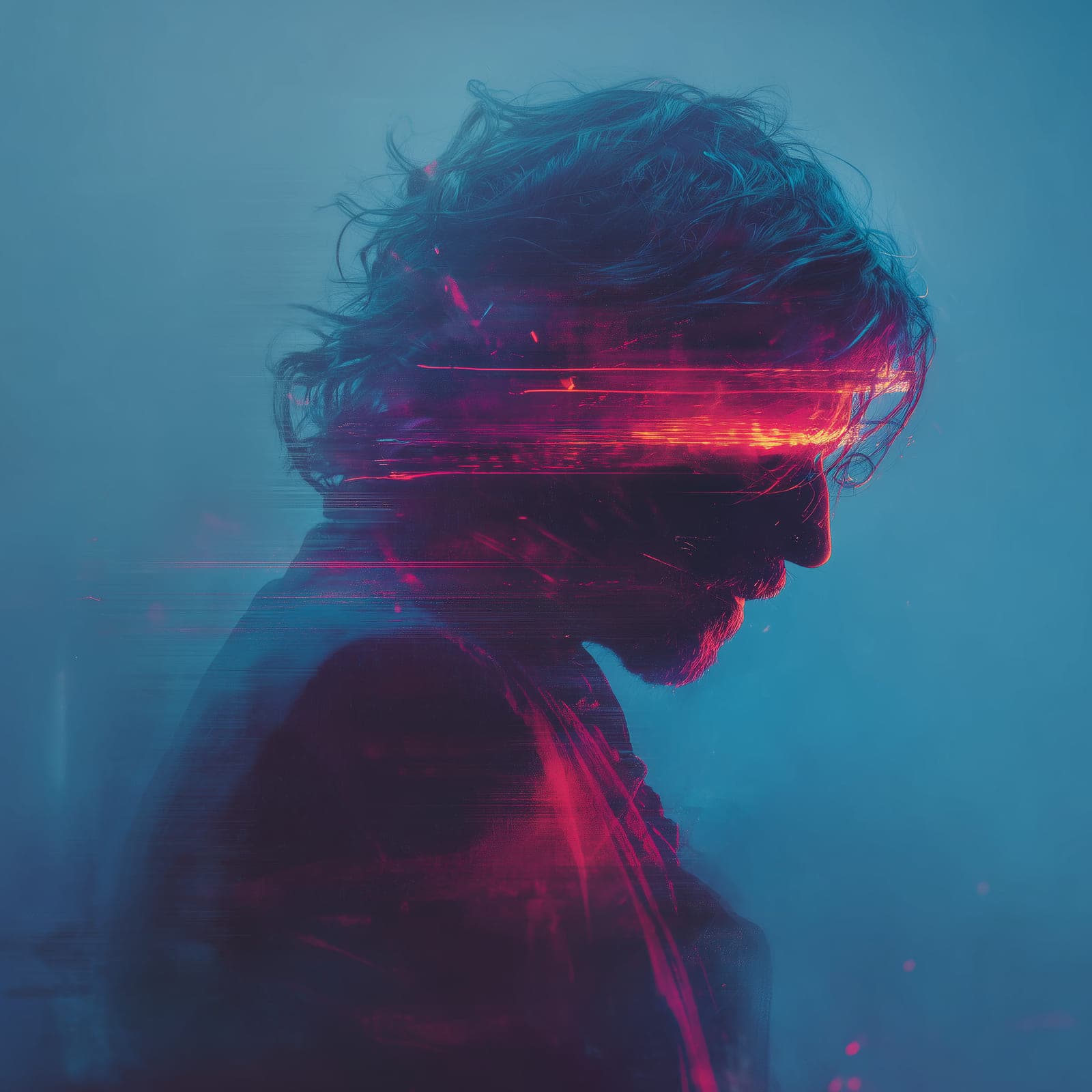 ATLASPOMSKI: glitched neon-red profile on blue background