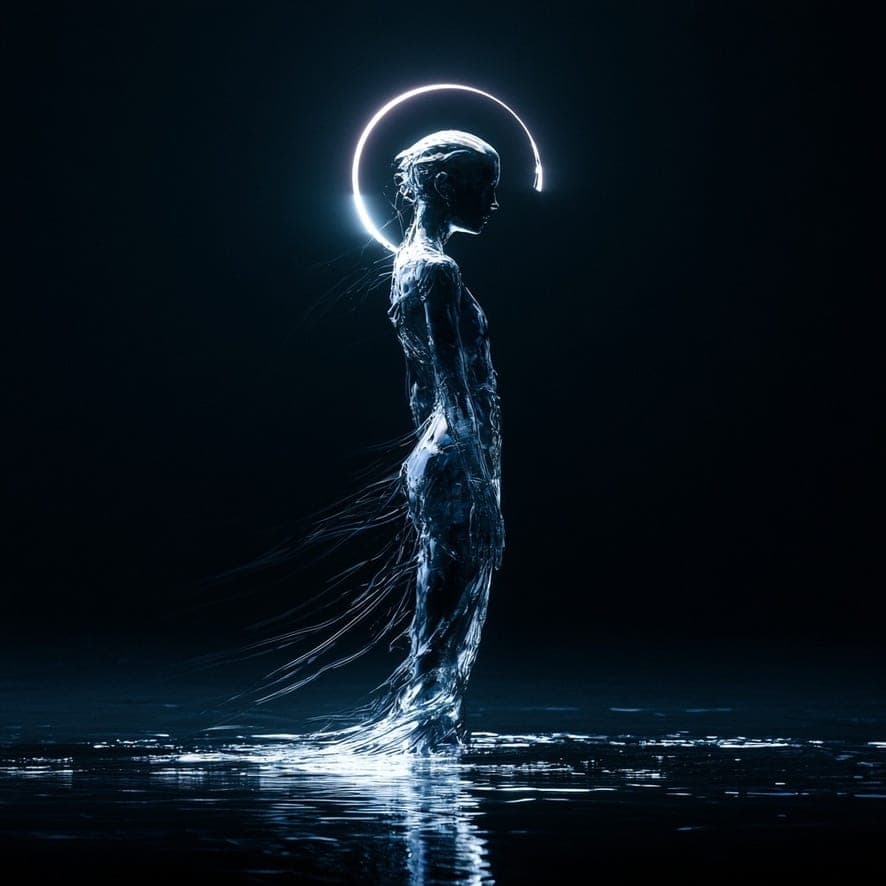 NOIRÉA: glass figure with halo standing in dark water